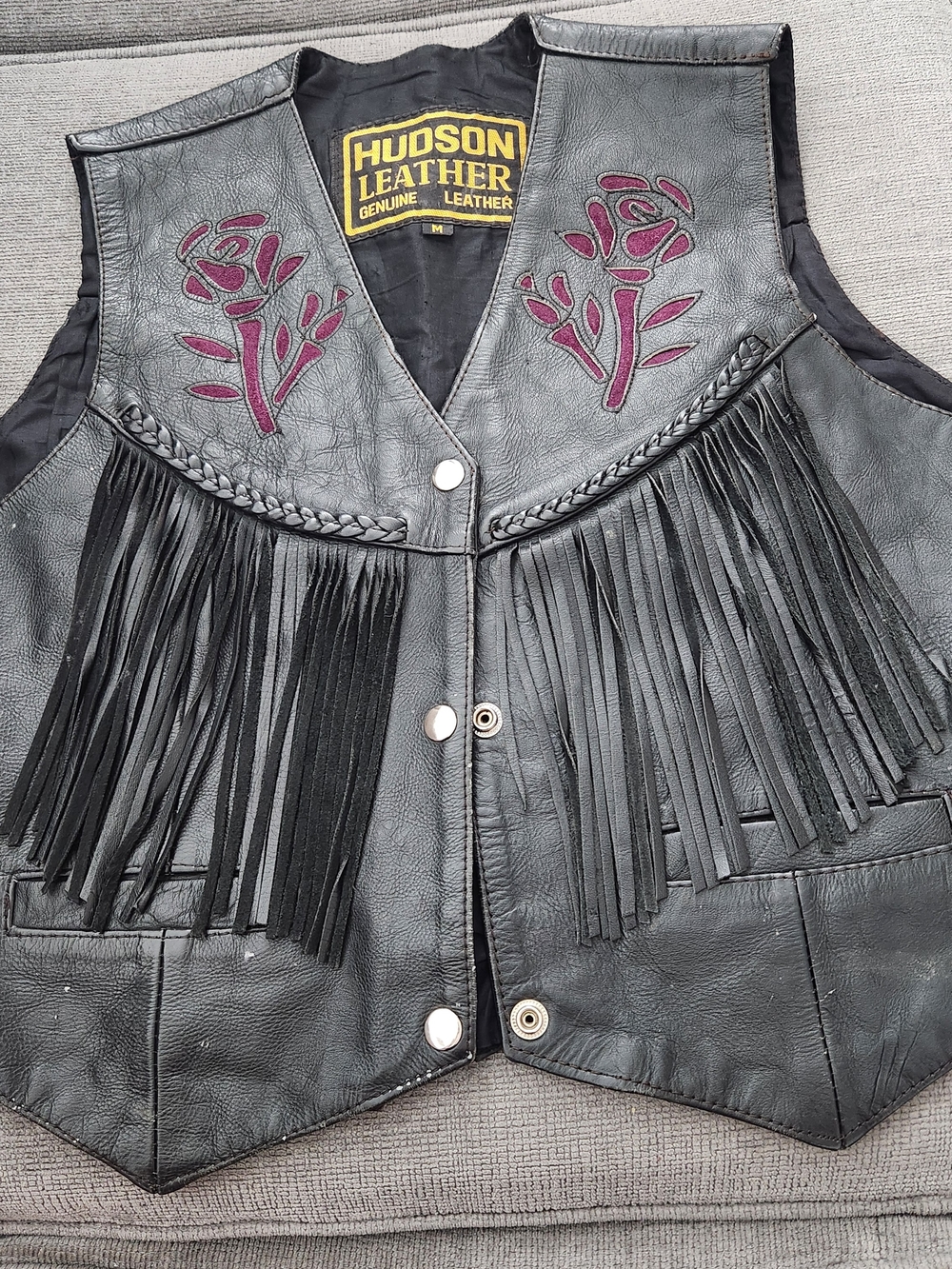 Hudson Leather Black Fringe Vest with Burgundy Floral Inlay